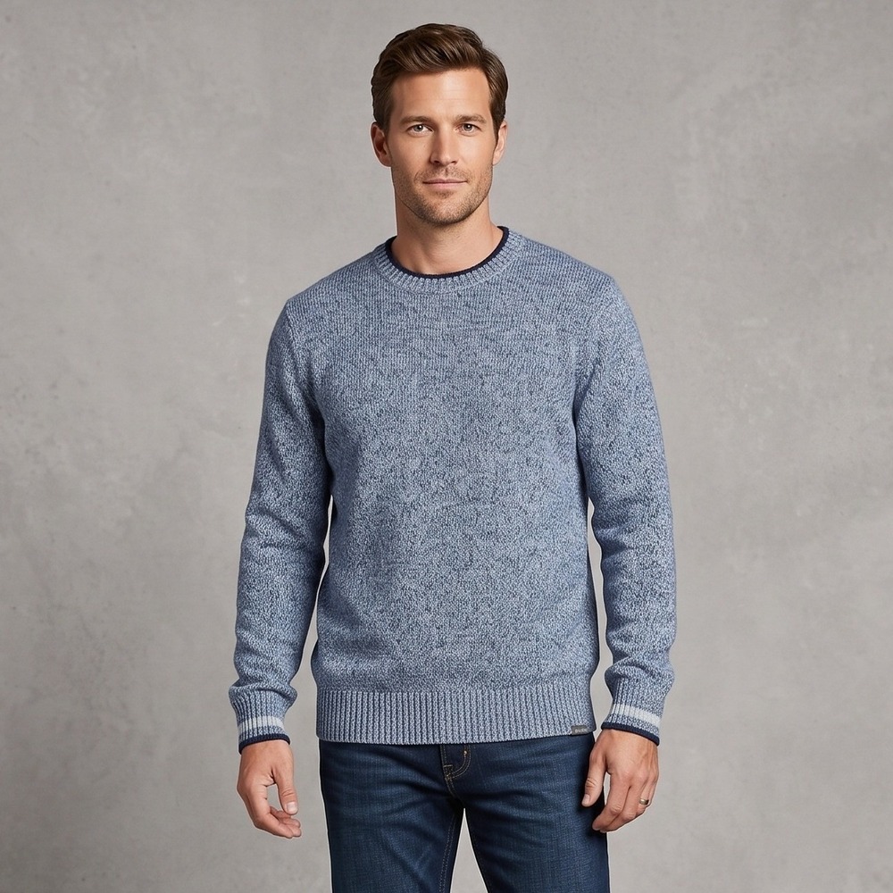 Eddie Bauer Mens Tall Large Blue Sweater Crewneck Marled Cotton Striped Cuff